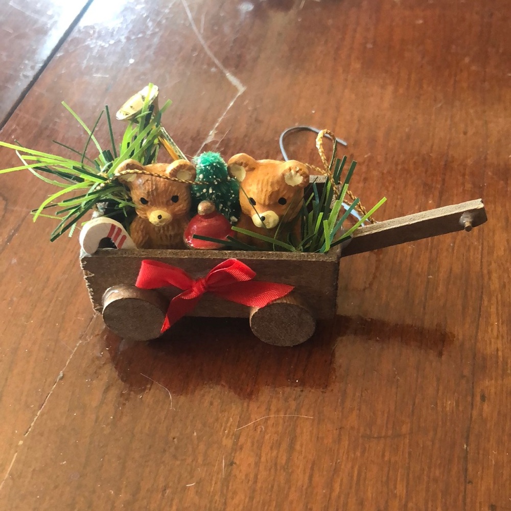 Vintage Christmas Bears in cart Ornament